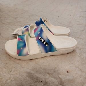 Crocs White and Blue Slide Sandals